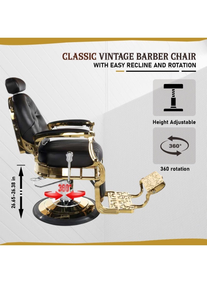 Vintage Luxury Multifunction Barber Chair Black & Gold – Heavy Duty Hydraulic Reclining Salon Chair with Adjustable Headrest, 135° Recline, Rotating Base & Footrest – Professional Barber Shop Styling Chair for Salon Spa Tattoo Studio - Image 4